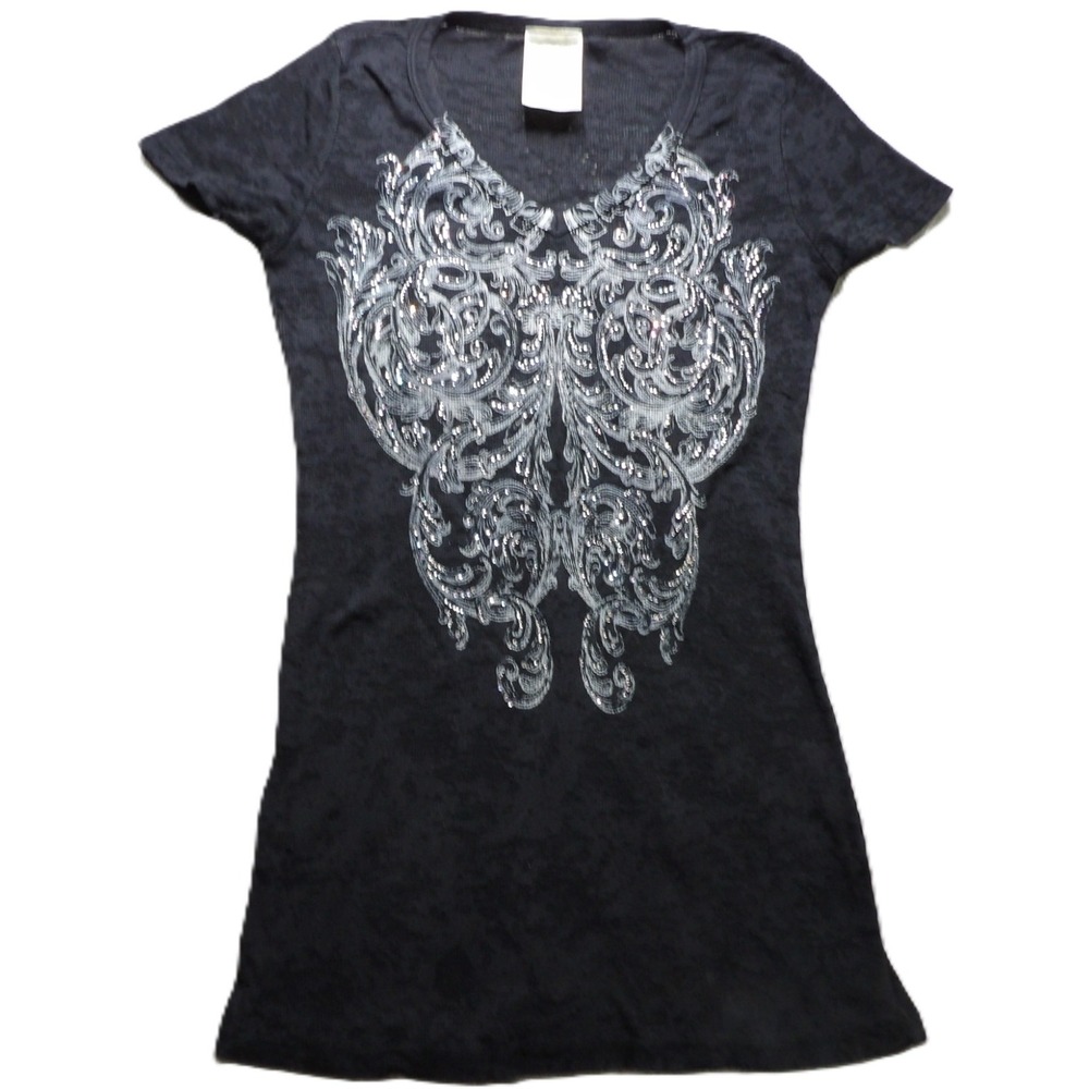Y2K Vocal T Shirt Black Rhinestone Fleur De Lis Graphic Made USA V Neck Women M